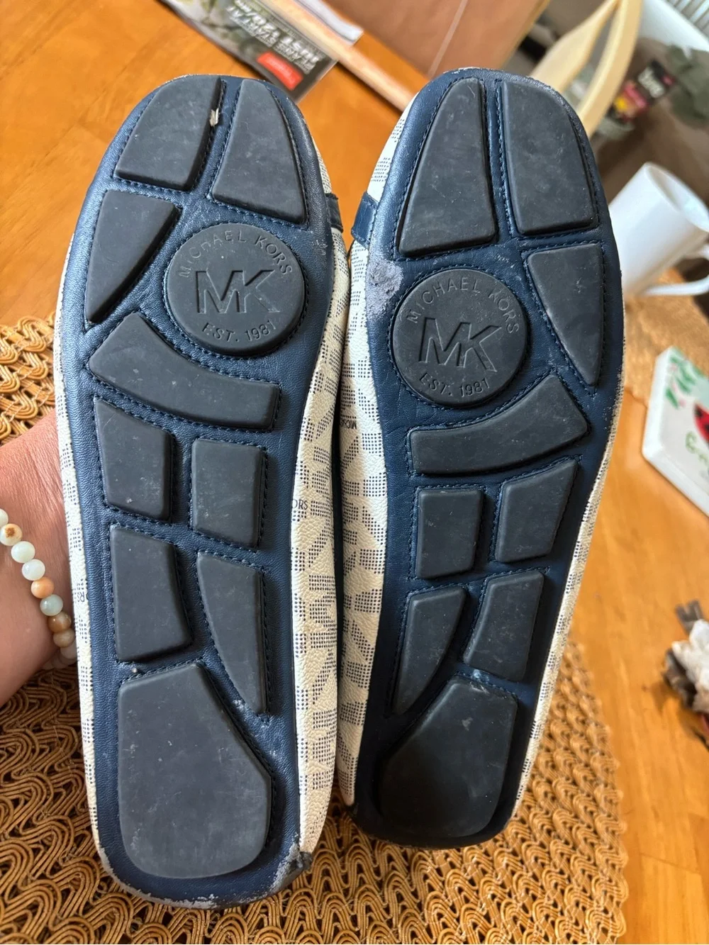 Michael Kors White and Navy Logo Leather Trim Flats